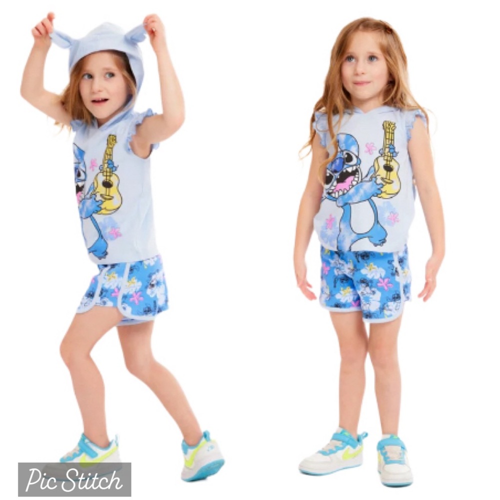 NWT Disney Toddler Girl Stitch Graphic Hoodie and Shorts Set Light Blue 2T